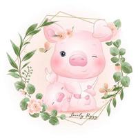 mignon doodle piggy avec illustration florale vecteur