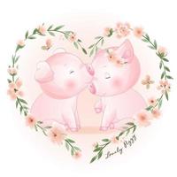 mignon doodle piggy avec illustration florale vecteur