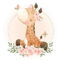girafe de griffonnage mignon avec illustration florale vecteur