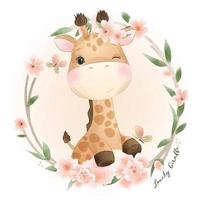 girafe de griffonnage mignon avec illustration florale vecteur