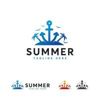 logo d'été avec achor sur l'île, grand concept de conceptions de logo de voyage vecteur