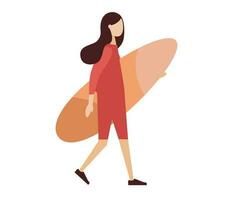 surfeur femme avec planche de surf. le surf personnes. surfant concept. plage l'eau sport. vecteur plat illustration