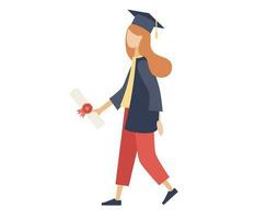 diplômé fille dans manteau et l'obtention du diplôme casquette avec diplôme. diplômé étudiant. vecteur plat illustration