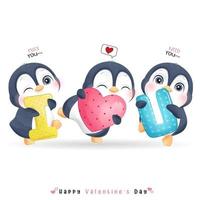 mignon pingouin doodle pour la saint valentin vecteur