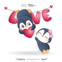 mignon pingouin doodle pour la saint valentin vecteur