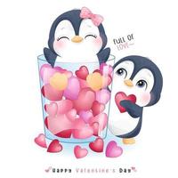 mignon pingouin doodle pour la saint valentin vecteur