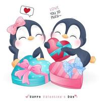 mignon pingouin doodle pour la saint valentin vecteur
