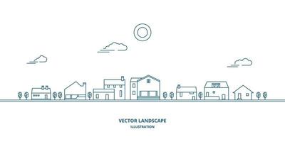 paysage de vecteur avec maisons, bâtiment, arbre, ciel. paysage de banlieue. vecteur de conception de ligne plate.