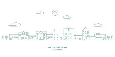 paysage de vecteur avec maisons, bâtiment, arbre, ciel. paysage de banlieue. vecteur de conception de ligne plate.