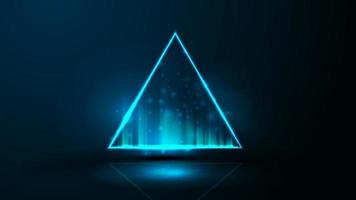 bordure de triangle néon hologramme numérique bleu avec espace copie dans une pièce sombre. cadre triangulaire néon sur fond sombre vecteur