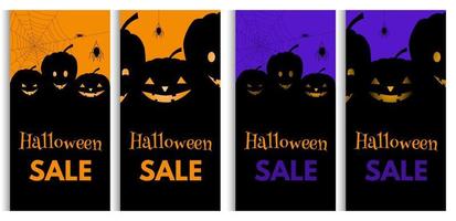 ensemble Halloween vente promotion bannière avec le plus mignon citrouilles et les araignées sur Orange et violet Contexte. vecteur
