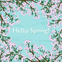 Bonjour printemps carte avec Cerise fleurs arbre. plat réaliste vecteur illustration