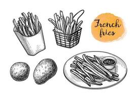 français frites. frit patates. encre esquisser isolé sur blanc Contexte. main tiré vecteur illustration. rétro style.