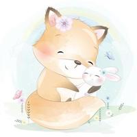 mignon foxy avec illustration florale vecteur