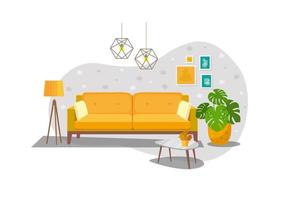 salon confortable avec canapé, éléments intérieurs de confort, canapé jaune avec oreillers, canapé moderne pour se détendre vecteur