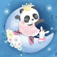 panda mignon avec lapin sur l'illustration de la lune vecteur
