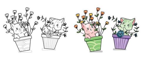 chats mignons avec des fleurs coloriage de dessin animé pour les enfants vecteur
