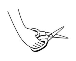 Humain main en portant les ciseaux noir et blanc contour main tiré vecteur illustration