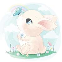 mignon petit lapin avec illustration florale vecteur