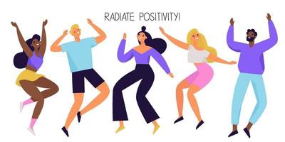 groupe de gens heureux sautant et dansant. personnages divers joyeux et positifs. illustration vectorielle colorée.