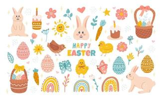 mignonne ensemble de Pâques conception éléments avec lapin, œufs, fleurs. vecteur plat main tiré illustration est parfait pour salutation cartes, affiches