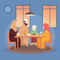 musulman famille iftar profiter Ramadan kareem mubarak ensemble dans bonheur pendant jeûne avec repas vecteur
