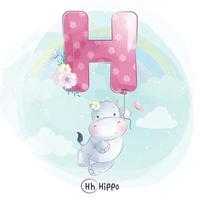 hippopotame mignon avec illustration de ballon alphabet h vecteur