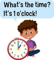 dire l'heure avec un garçon tenant une horloge vecteur