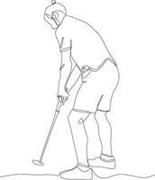 un ligne dessin de Jeune le golf joueur balançant le golf club et frappe balle. se détendre sport concept. tournoi promotion conception vecteur graphique illustration