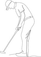 un ligne dessin de Jeune le golf joueur balançant le golf club et frappe balle. se détendre sport concept. tournoi promotion conception vecteur graphique illustration