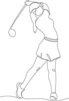 Célibataire ligne dessin de Jeune femelle le golf joueur balançant le golf club et frappe balle. se détendre sport concept. tournoi promotion conception vecteur graphique illustration