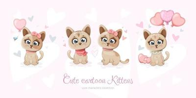 mignonne dessin animé chaton collection avec cœurs et des ballons vecteur