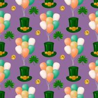 célébrer st. patrick's journée dans style avec notre sans couture modèle avec une lutin chapeau, trèfle feuilles, or pièces de monnaie, et des ballons sur une violet Contexte. pour tissu, emballage papier, fond d'écran. vecteur