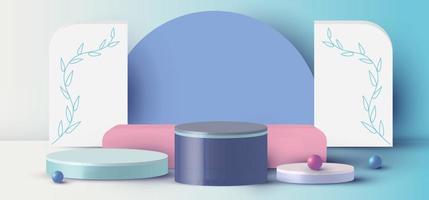 Rendu 3D avec cylindre podium, sphère, scène minimale abstraite rectangle avec plate-forme géométrique sur fond bleu vecteur