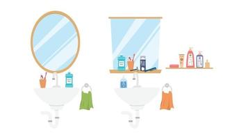 ensemble de salle de bains éléments dans plat style vecteur illustration. couler, brosse à dents, dentifrice, miroir, bain de bouche, le rasoir, rasage crème, shampooing, lotion clipart dessin animé main tiré griffonnage. articles de toilette concept