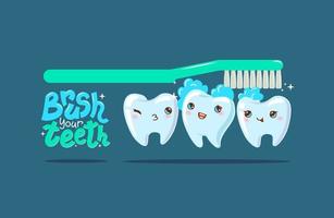 le concept de dentaire se soucier. nettoyer les dents et une brosse à dents sur une bleu Contexte. mignonne les dents personnage. vecteur illustration. une inscription - brosse votre les dents