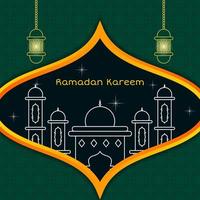 mosquée et lanterne ligne art conception pour Ramadan kareem salutation modèle. minimal et Facile concept. vert, Orange et blanc vecteur