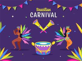 brésilien carnaval fête Contexte avec femelle samba Danseur personnage, tambour et vuvuzela instrument. vecteur