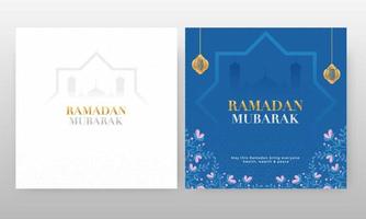 Ramadan mubarak salutation carte avec silhouette mosquée, pendaison d'or lanternes et floral dans bleu et blanc arabe modèle Contexte. vecteur