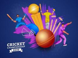 joueurs de cricket joueurs dans différent pose avec équipement, gagnant trophée et violet brosse effet sur bleu demi-teinte Contexte pour criquet championnat 2020.