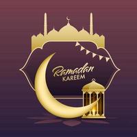 Ramadan kareem Police de caractère dans arabe Cadre avec silhouette mosquée, 3d croissant lune et illuminé lanterne sur pente violet Contexte. vecteur