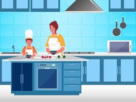 illustration de bonheur mère portion sa fils cuisinier nourriture à cuisine maison. vecteur