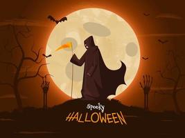 plein lune bronze Contexte avec nu des arbres, squelette mains, en volant chauves-souris et sinistre moissonneuse illustration pour effrayant Halloween fête. vecteur