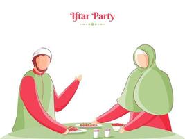 dessin animé homme et femme en portant délicieux nourriture sur à manger table pour iftar faire la fête. vecteur