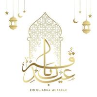 d'or eid-ul-adha mubarak calligraphie avec mosquée porte, pendaison croissant des lunes, lanternes et étoiles sur blanc Contexte. vecteur