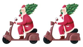 de bonne humeur Père Noël claus équitation scooter avec arbre dans deux images. vecteur