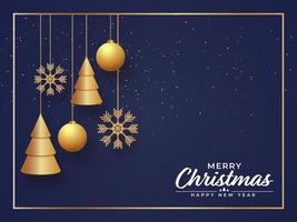 3d d'or Noël des arbres avec pendaison boules, flocons de neige et confettis décoré sur bleu Contexte pour joyeux Noël content Nouveau an. vecteur