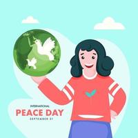illustration de de bonne humeur fille en portant Terre globe avec en volant colombes pour 21e septembre, international paix journée. vecteur