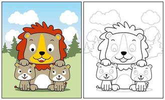 mignonne Lion famille, vecteur dessin animé illustration, coloration page ou livre