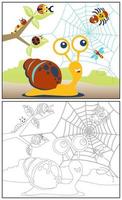 mignonne escargot avec insectes, vecteur dessin animé illustration, coloration livre ou page